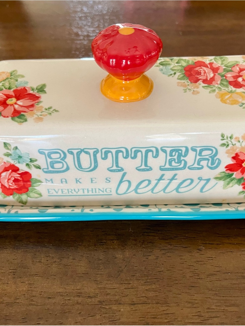 The Pioneer Woman Floral Butter Dish with Red and Yellow Knob - Picture 2 of 8